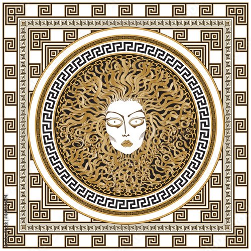 Vector shawl with Medusa Gorgon head in golden chains frame, black and gold Greek meander border pattern on a white background. Baroque silk bandana, carpet print