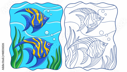 cartoon illustration two angelfish swimming in the sea book or page for kids