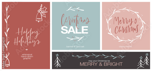 Christmas banner and card set with copy space, Whimsical holiday clipart images and text for winter sale shop decorations in soft classy colors.