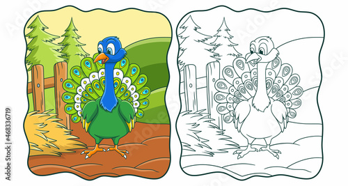 cartoon illustration the peacock is on the farm by spreading its tail book or page for kids