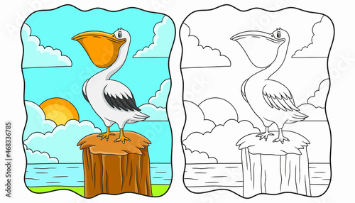 cartoon illustration pelicans perched on tree trunks near the river book or page for kids