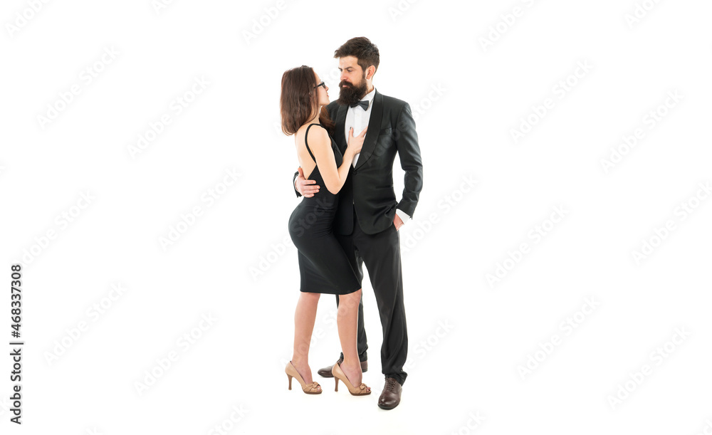 Bearded man boyfriend hug woman girlfriend in formalwear isolated on white, couple Bearded man boyfriend hug woman girlfriend in formalwear isolated on white, couple