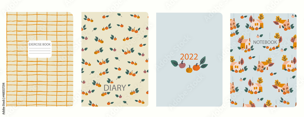 Cover page templates based on patterns with pumpkins, country houses, plaid pattern. Thanksgiving, autumn concept. Backgrounds for notebooks, notepads, diaries. Headers isolated, replaceable Cover page templates based on patterns with pumpkins, country houses, plaid pattern. Thanksgiving, autumn concept. Backgrounds for notebooks, notepads, diaries. Headers isolated, replaceable