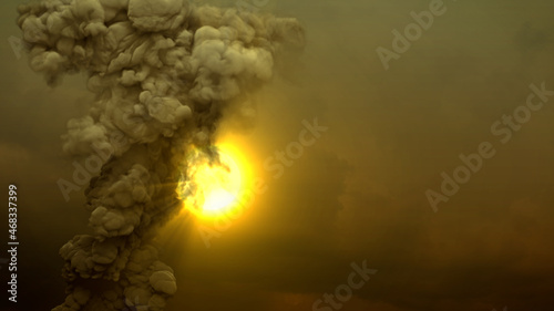 column of pollution smoke from forest fire on dirty sky with sun - industrial 3D rendering