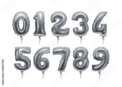 Grey helium balloons numbers with ribbons icon set. Vector flying in air inflatable digits anniversary party decoration, year birthday celebration symbols. 123 ABC numerals, set from 0 to 9