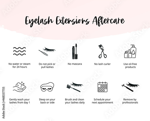Eyelash extensions aftercare instructions, lashes icons photo