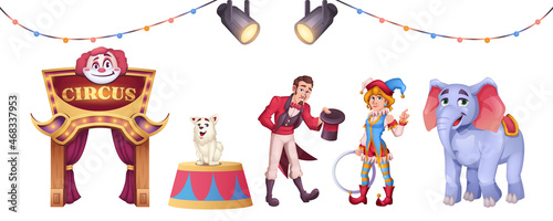 Cartoon set of circus elements with clown, magician man, animals and entrance to cirque isolated on white background. Round stage and searchlights for entertainment performance or carnival show.
