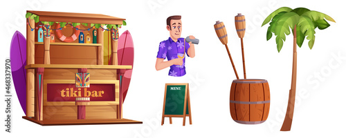 Cartoon set of summer elements with bartender and beach cafe with snacks and drinks. Male barman with cocktail and wooden tiki bar with tribal masks, torch and palm tree isolated on white background.