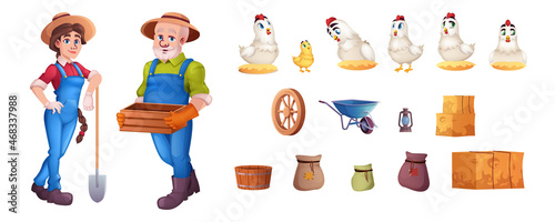 Cartoon objects set of garden tools, haystacks, hens and sacks isolated on white background. Farmers in hats with wooden box in hand and shovel. Chickens in straw nest. Agricultural production concept