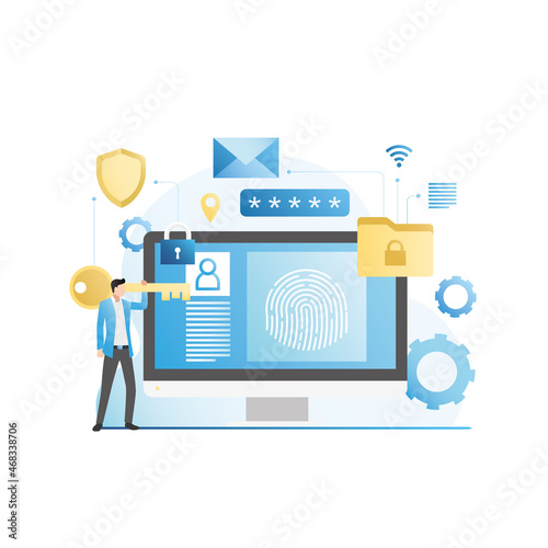 Protection of data, information, mail, accounts on social networks, closed folders with password, code, fingerprint. Personal computer access key. Personal identification. Man on safe internet.