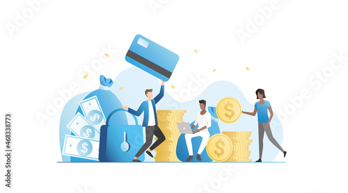 Wealthy people with laptop rejoice in finances,lot of money in bags, in safe place under big lock. Coins fall from sky.Online banking services with credit, debit card on Internet. Capital, investment.