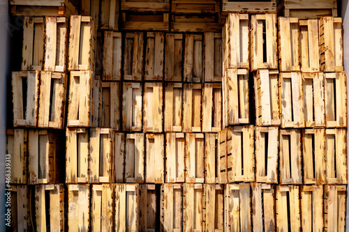 Wallpaper Mural Wooden boxes stack. Pile of wooden box in the store. Fishing industry background Torontodigital.ca