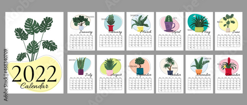 White calendar for 2022 in vertical A4 format. Week starts on Monday. Calendar for 2022 by months with a cover  with color spots and home  plants.