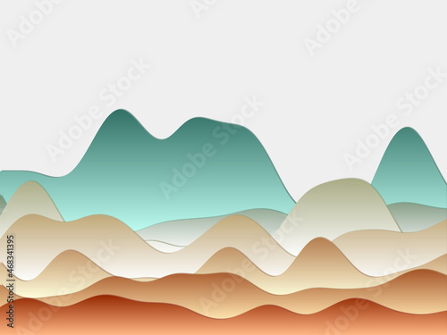 Abstract mountains background. Curved layers in blue orange colors. Papercut style hills. Elegant vector illustration.