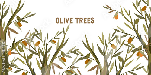 Background with olive trees flat vector illustration. Decorative background or banner for olive and oil production.
