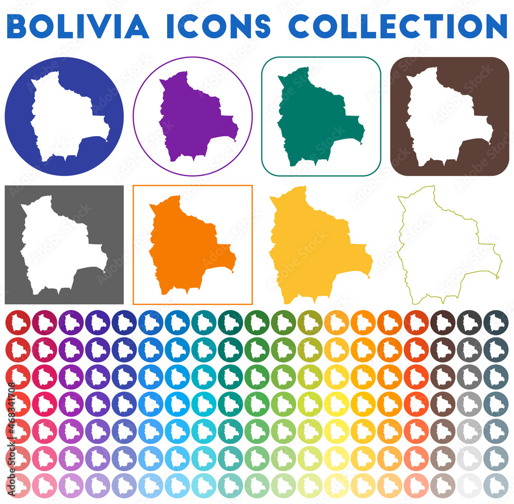 Bolivia icons collection. Bright colourful trendy map icons. Modern Bolivia badge with country map. Vector illustration.