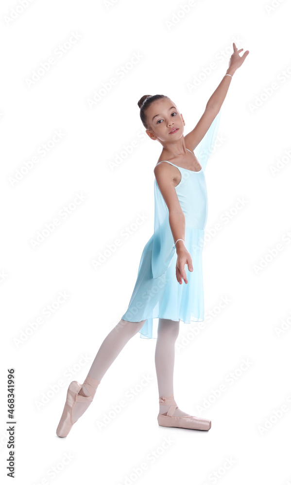 Beautifully dressed little ballerina dancing on white background Beautifully dressed little ballerina dancing on white background