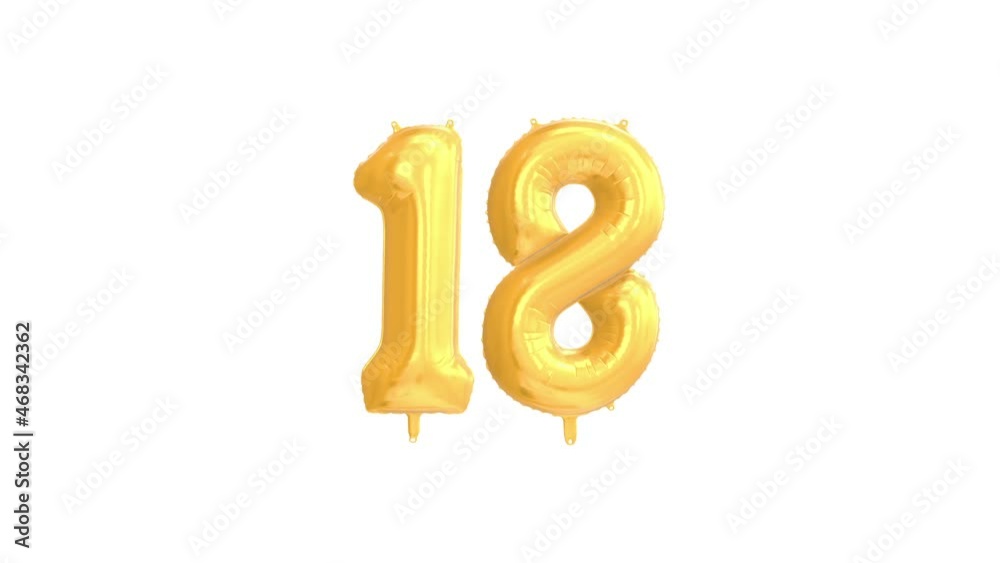 Helium Gold Balloon with Number - 18. Loop Animation with Alpha Luma