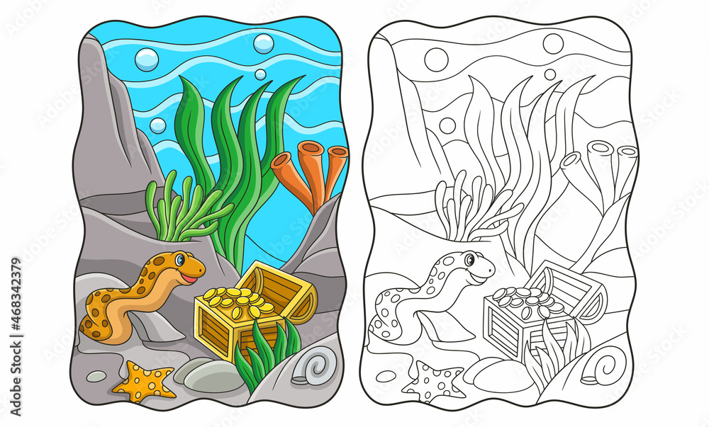 Naklejka premium cartoon illustration sea eels guard the treasure filled with gold in the sea book or page for kids