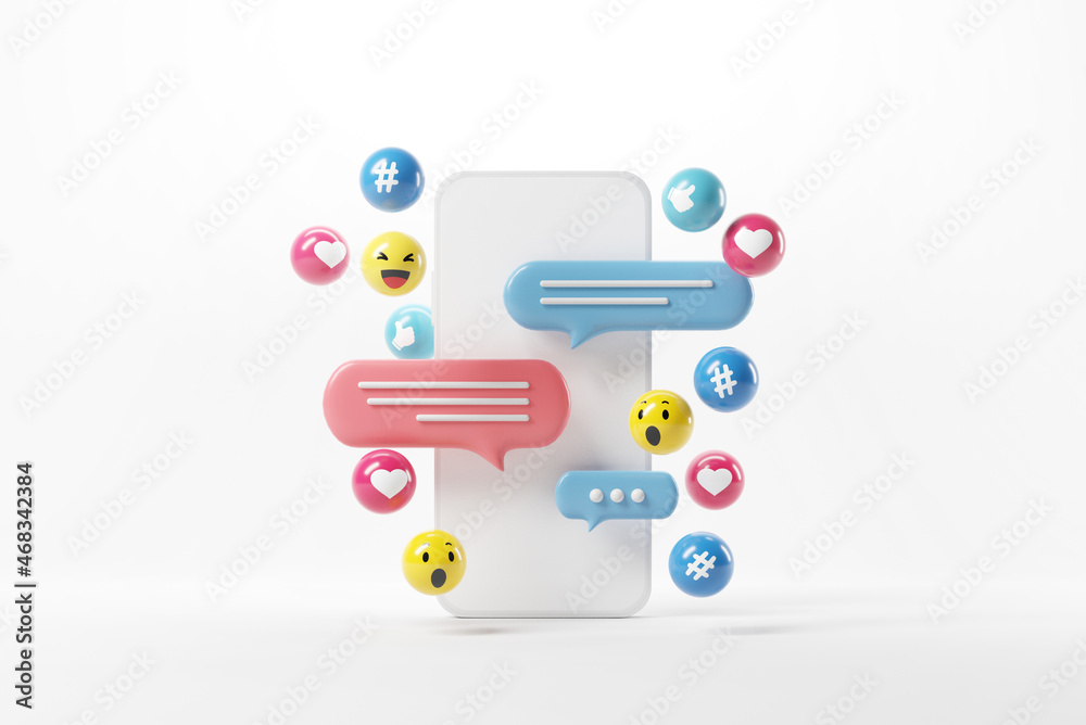 Mobile phone with social network Icons, abstract trendy design for social media advertising. 3d render. - obrazy, fototapety, plakaty 