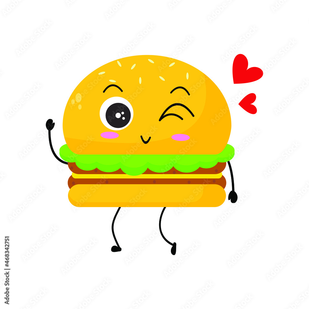 Vector illustration of burger character with funny expression. cartoon monster isolated on white background, simple minimal style, for mascot or emoticon collection. lovely wink Vector illustration of burger character with funny expression. cartoon monster isolated on white background, simple minimal style, for mascot or emoticon collection. lovely wink