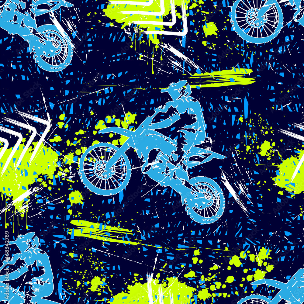 sports grunge pattern. motocross with arrows on blue, white and green grunge