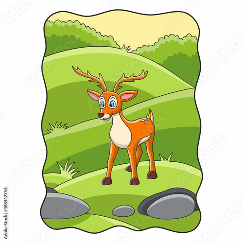 cartoon illustration deer are looking for food in the meadow in the middle of the forest