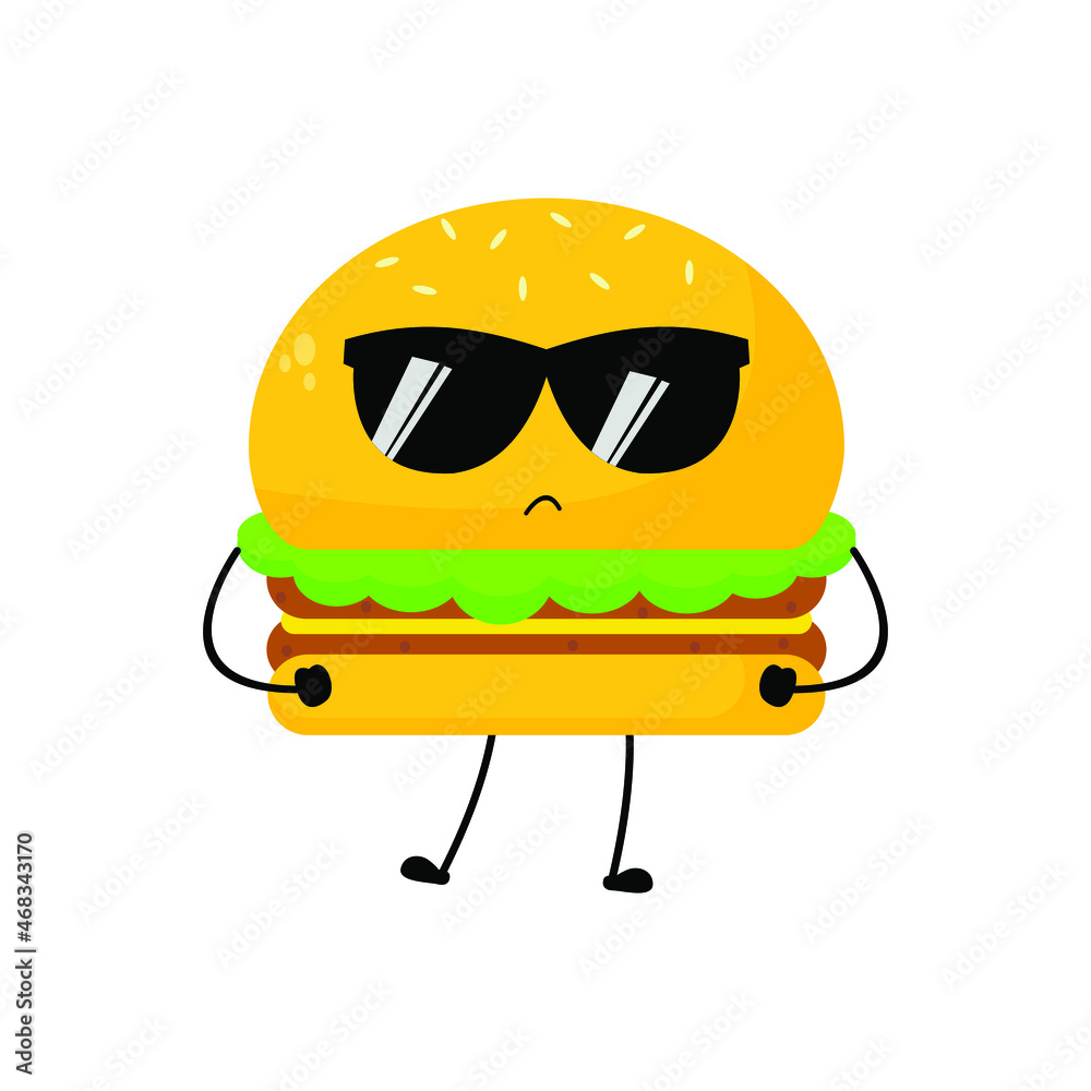 Vector illustration of burger character with funny expression. cartoon monster isolated on white background, simple minimal style, for mascot or emoticon collection. cool with sunglasses Vector illustration of burger character with funny expression. cartoon monster isolated on white background, simple minimal style, for mascot or emoticon collection. cool with sunglasses