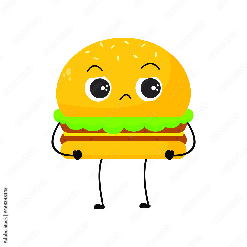 Vector illustration of burger character with funny expression. cartoon monster isolated on white background, simple minimal style, for mascot or emoticon collection. angry and sad