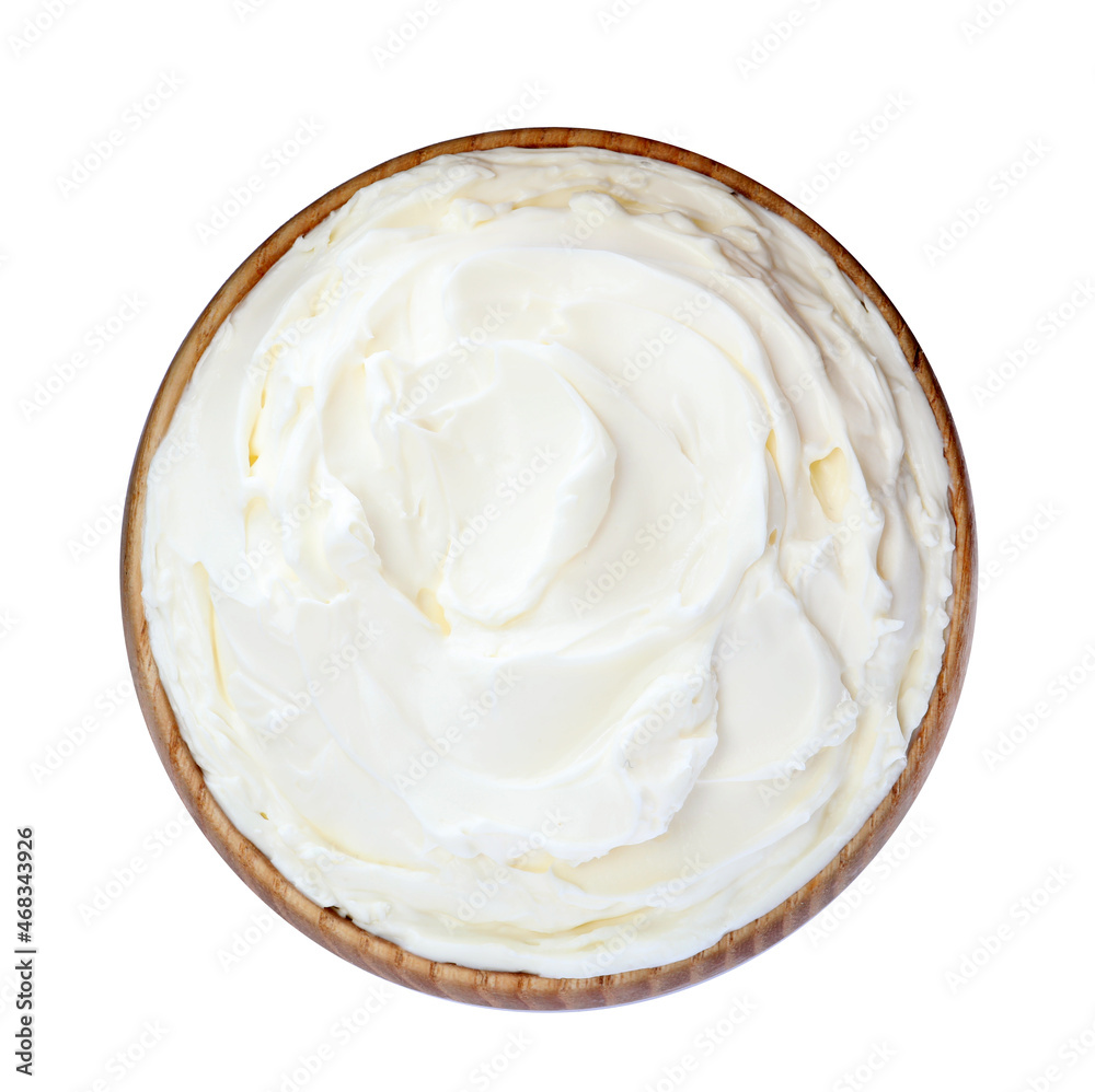 Bowl of tasty cream cheese isolated on white, top view Bowl of tasty cream cheese isolated on white, top view