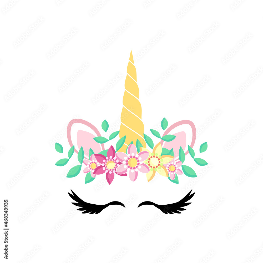 Obraz premium Fabulous cute unicorn with golden gilded horn and closed eyes with Flowers and Eyelashes