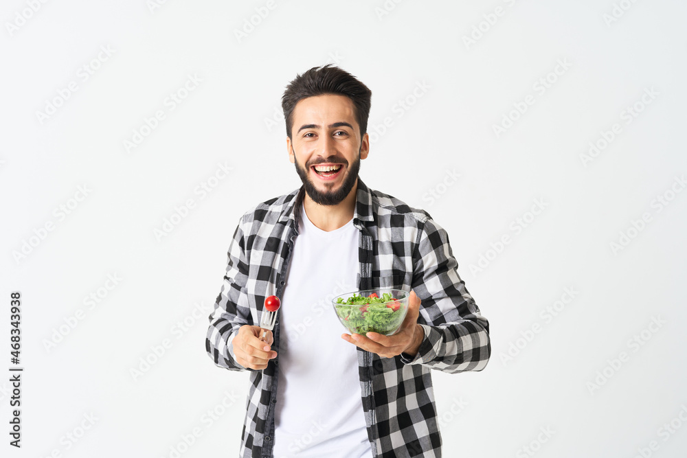 cheerful man in plaid shirt plate with salad healthy food cheerful man in plaid shirt plate with salad healthy food
