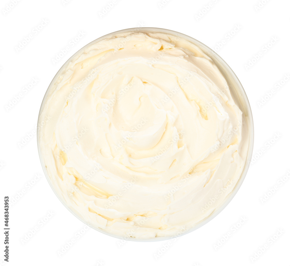 Bowl of tasty cream cheese isolated on white, top view Bowl of tasty cream cheese isolated on white, top view