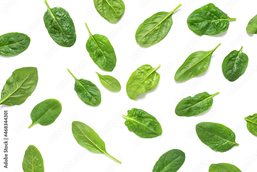 Pattern of fresh spinach leaves with drops on a white background. Top view, flat lay. Pattern of fresh spinach leaves with drops on a white background. Top view, flat lay.