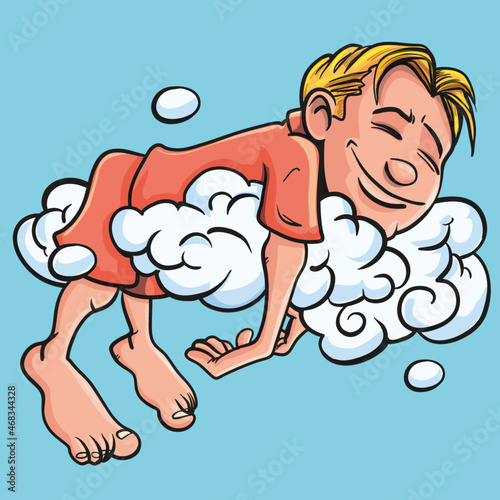 A cartoon boy is sleeping on a cloud. He is having a pleasant dream