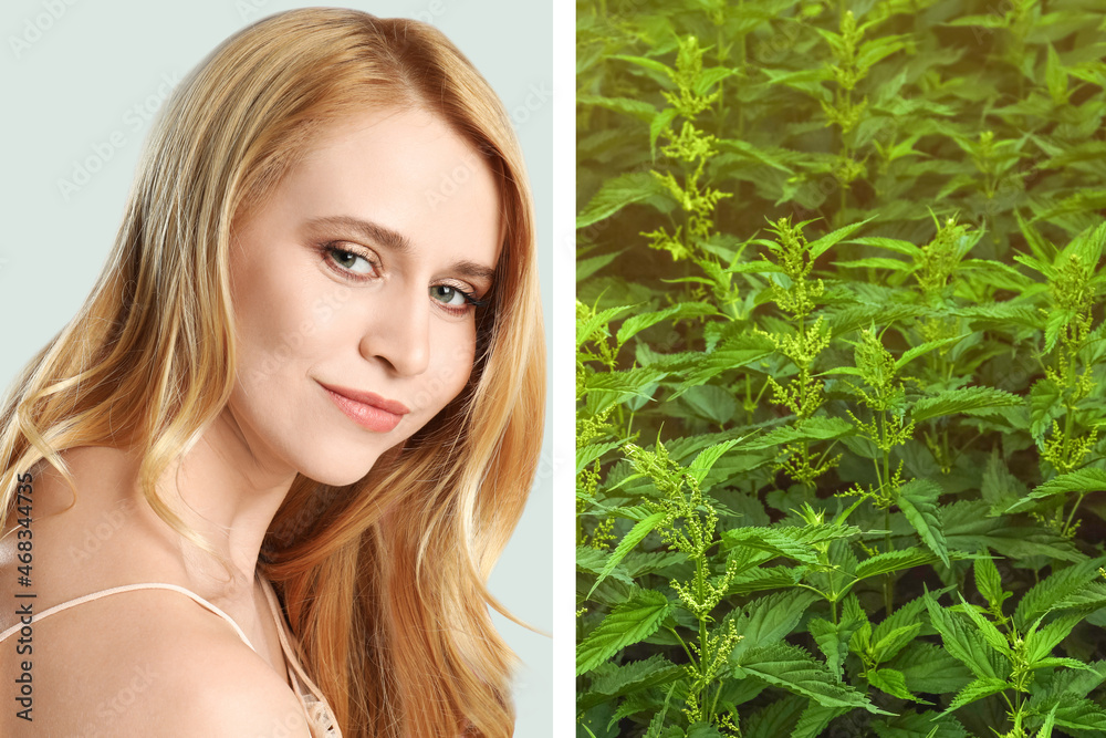Natural hair care. Beautiful young woman and green stinging nettles, collage Natural hair care. Beautiful young woman and green stinging nettles, collage