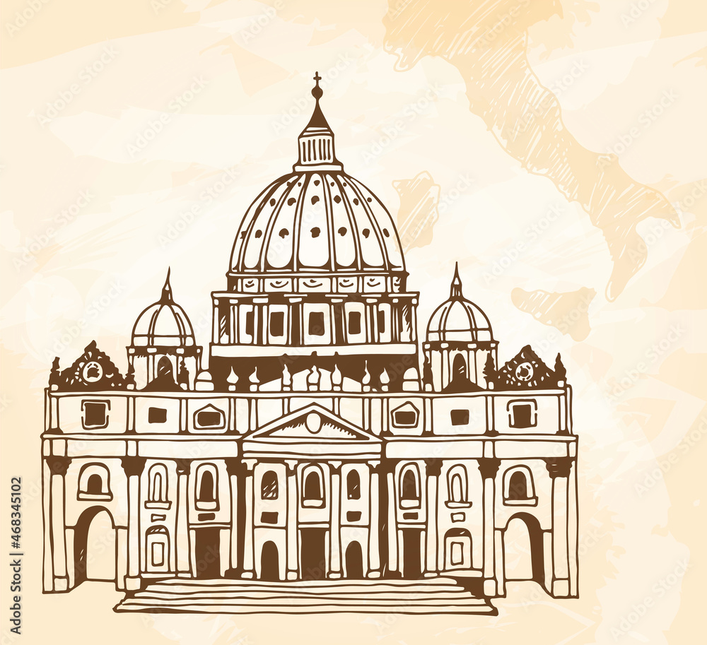 Hand drawn illustration of Papal Basilica of St. Peter in the Vatican