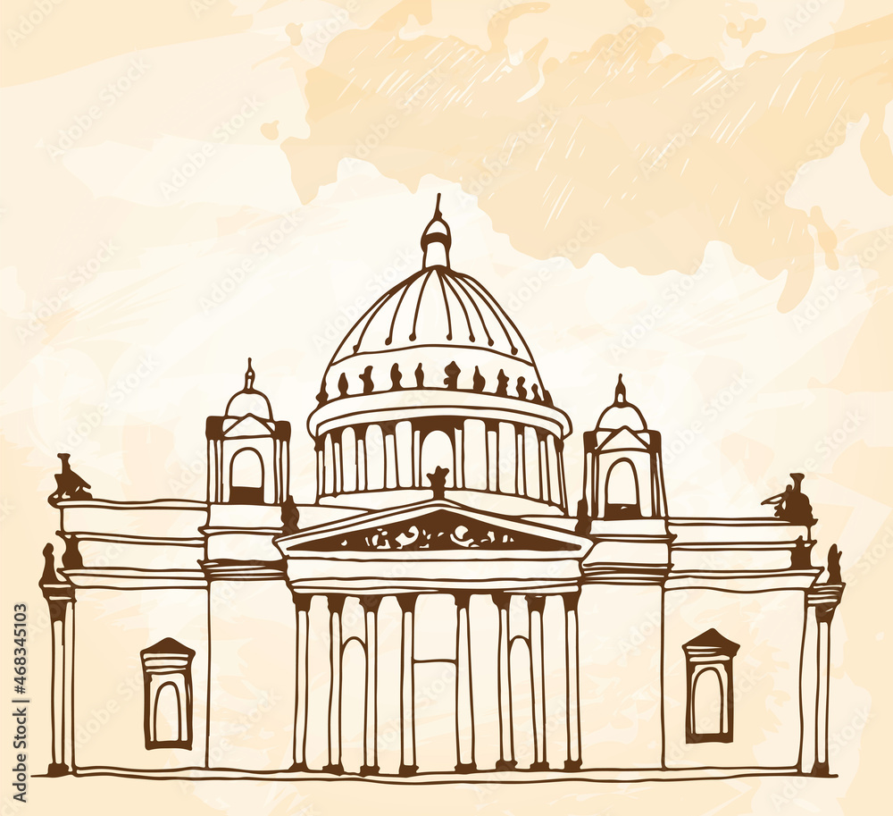 Saint Isaac's Cathedral (Sobor) in Saint Petersburg, Russia drawing on a beige background