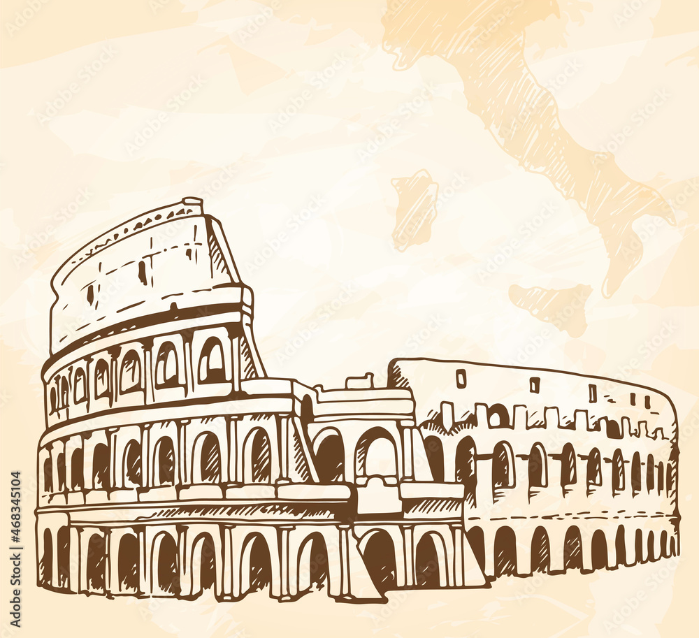Coliseum (Colosseum) drawing on a grunge vintage beige background with map of Italy