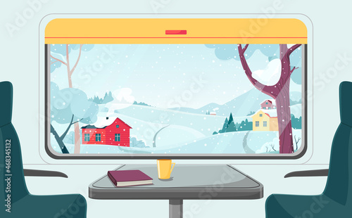 An empty train carriage with a winter village landscape outside the window. Vector illustration in cartoon style. Snowfall, village houses, forest and mountains. 
Traveling by train in winter.