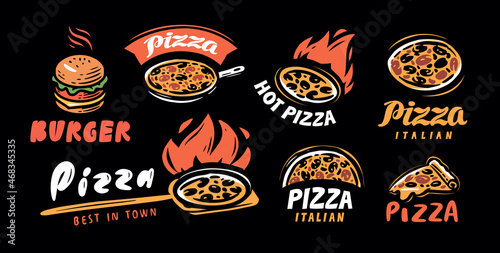 Food label set. Badges for restaurant or cafe menu. Pizza, burger