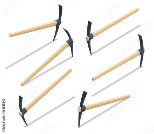 Isometric Pick icons, Mattock. Pick axe isolated illustration on white background