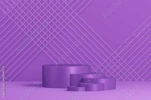 Stepped podium of five purple cylinders in studio lighting against the purple background of a diagonal lattice. 3d render.