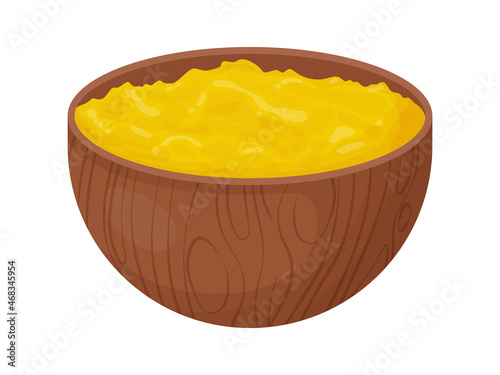 Ghee in wooden bowl with spoon. Asia traditional butter in cartoon style. Food ingredient for cooking.