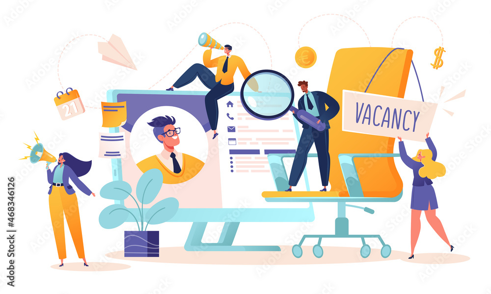 Searching for new employees. Recruitment agency. Headhunters. Office chair with vacancy sign. Computer monitor with candidate's resume.  Flat cartoon characters reviewing resumes. Vector illustration.