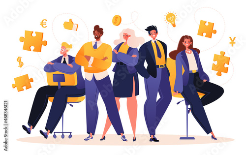 Men and women in suits invite to become part of their team. Searching for employees, inviting to work in office, become part of business, design project, investing.Smiling characters standing together