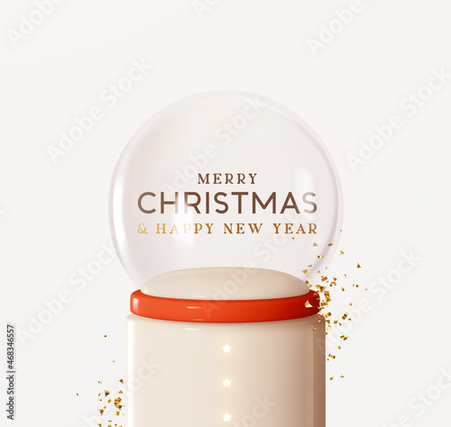 Christmas snow glass winter ball on round studio podium strewn with gold confetti. Realistic festive 3d design. Merry Christmas and happy new year. Holiday Xmas bright background. Vector illustration