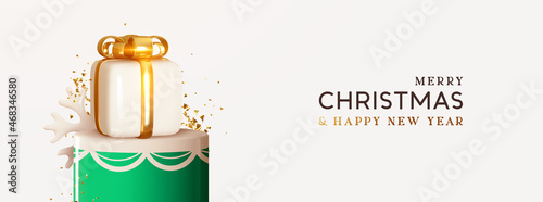 Christmas white gift box on round studio podium strewn with gold glitter confetti. Realistic festive 3d design. Merry Christmas and happy new year. Holiday Xmas bright background. Vector illustration