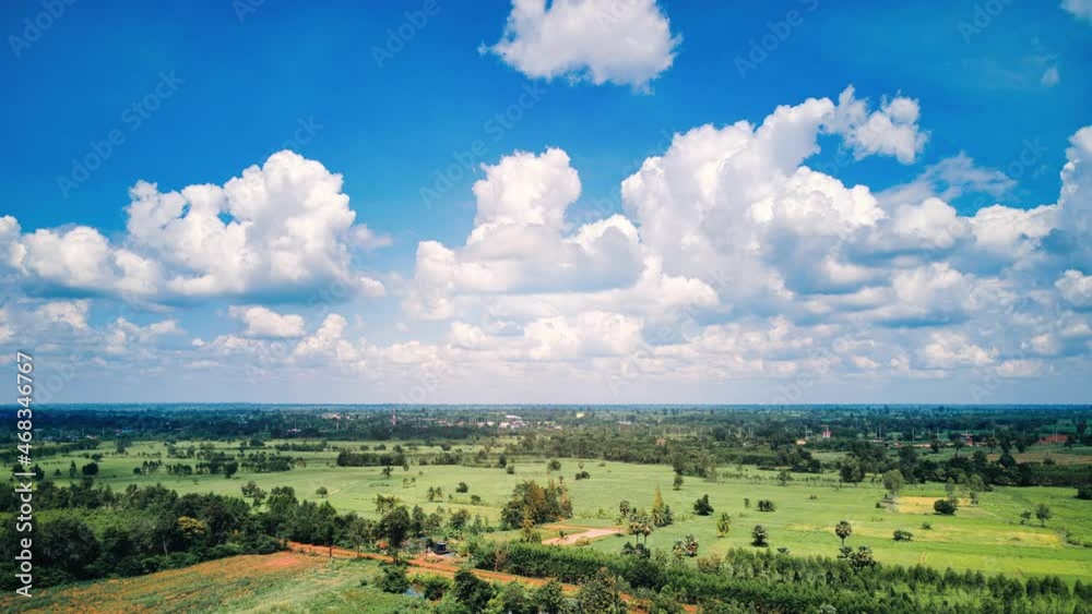 Aerial drone hyper lapse time lapse of beautiful Green farming community and a factory on a beautiful cloudy day. Aerial drone hyper lapse time lapse of beautiful Green farming community and a factory on a beautiful cloudy day.