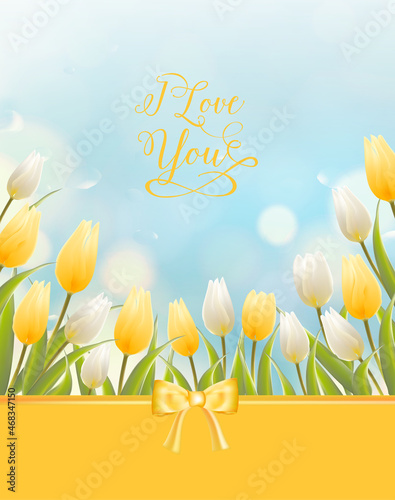 Wedding card with yellow tulips on a light background. Invitation card with 3d vector flowers.
